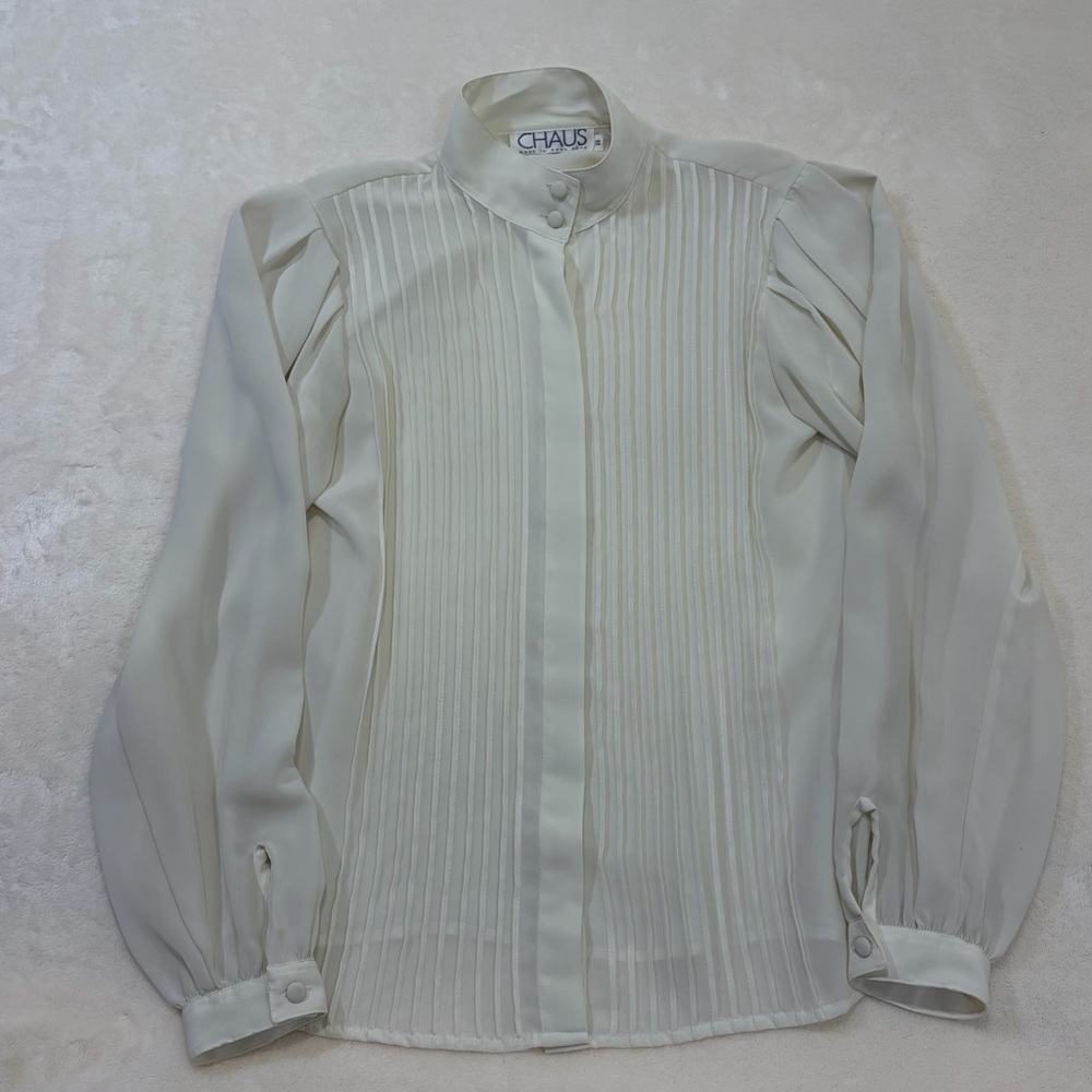 Vintage Chaus Ivory Pleated “Tuxedo” Front Button-Up Blouse